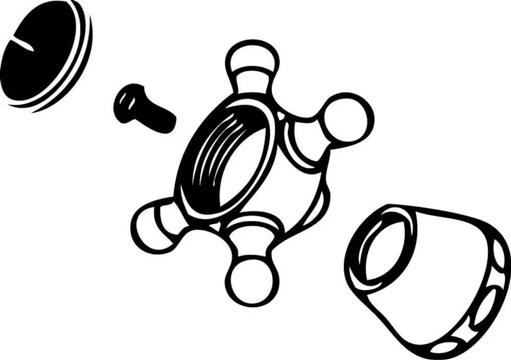 Ideal Standard Kreuzgriff mit Haube, bestehend aus mehreren Einzelteilen, darunter ein Schraube und eine Kappe. Das Produkt zeigt eine vereinfachte, technische Darstellung.